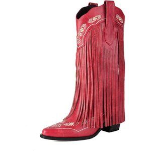 ⚡Women's Red Embroidered Fringe Pull On Mid Calf Chunky Block Heel Pointed Toe